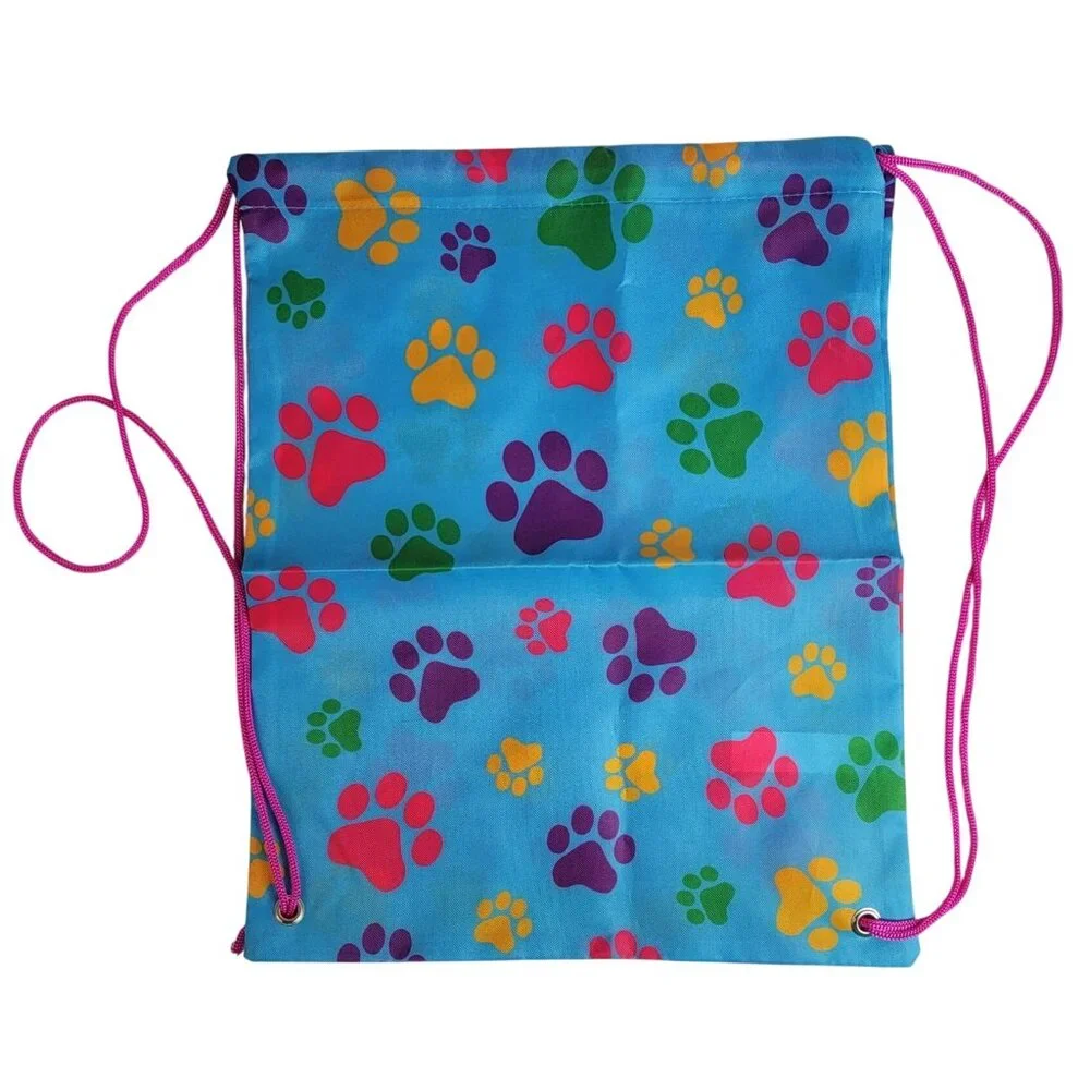 Fashion Angels Dog Paw Print Tote Bag Backpack Blue Pink Drawstring 16